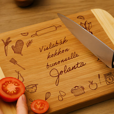 Dāvanu bambusa dēlis ar gravēšanas, virtuves instrumentu motīvu